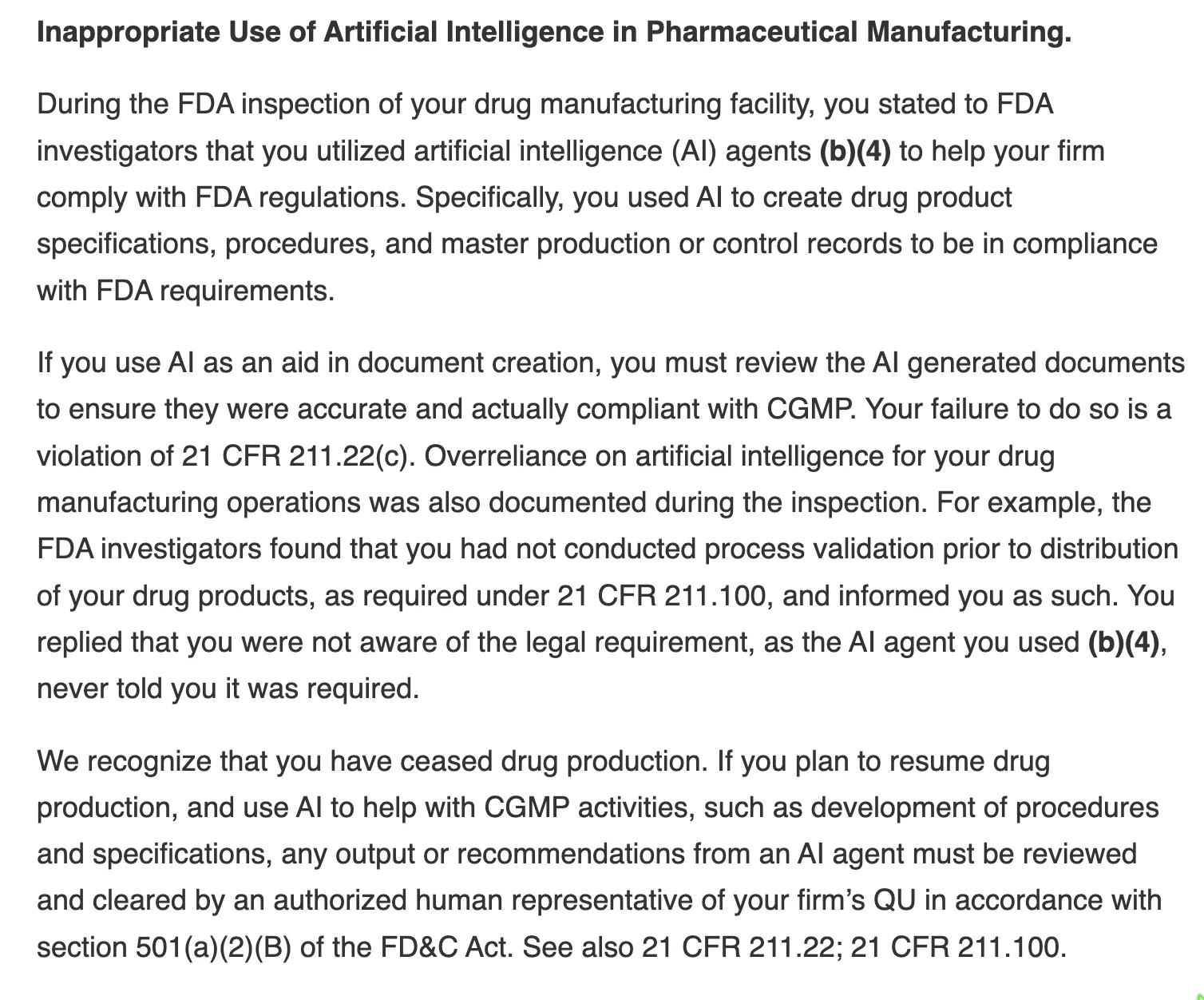 Excerpt of the FDA warning letter to Purolea Cosmetics Lab on inappropriate use of AI in pharmaceutical manufacturing